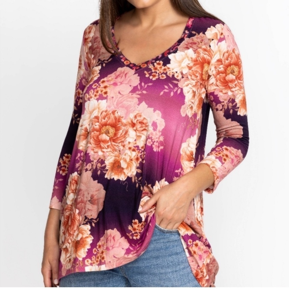 Johnny Was Carina V neck swing tunic top vibrant pink floral print soft stretchy